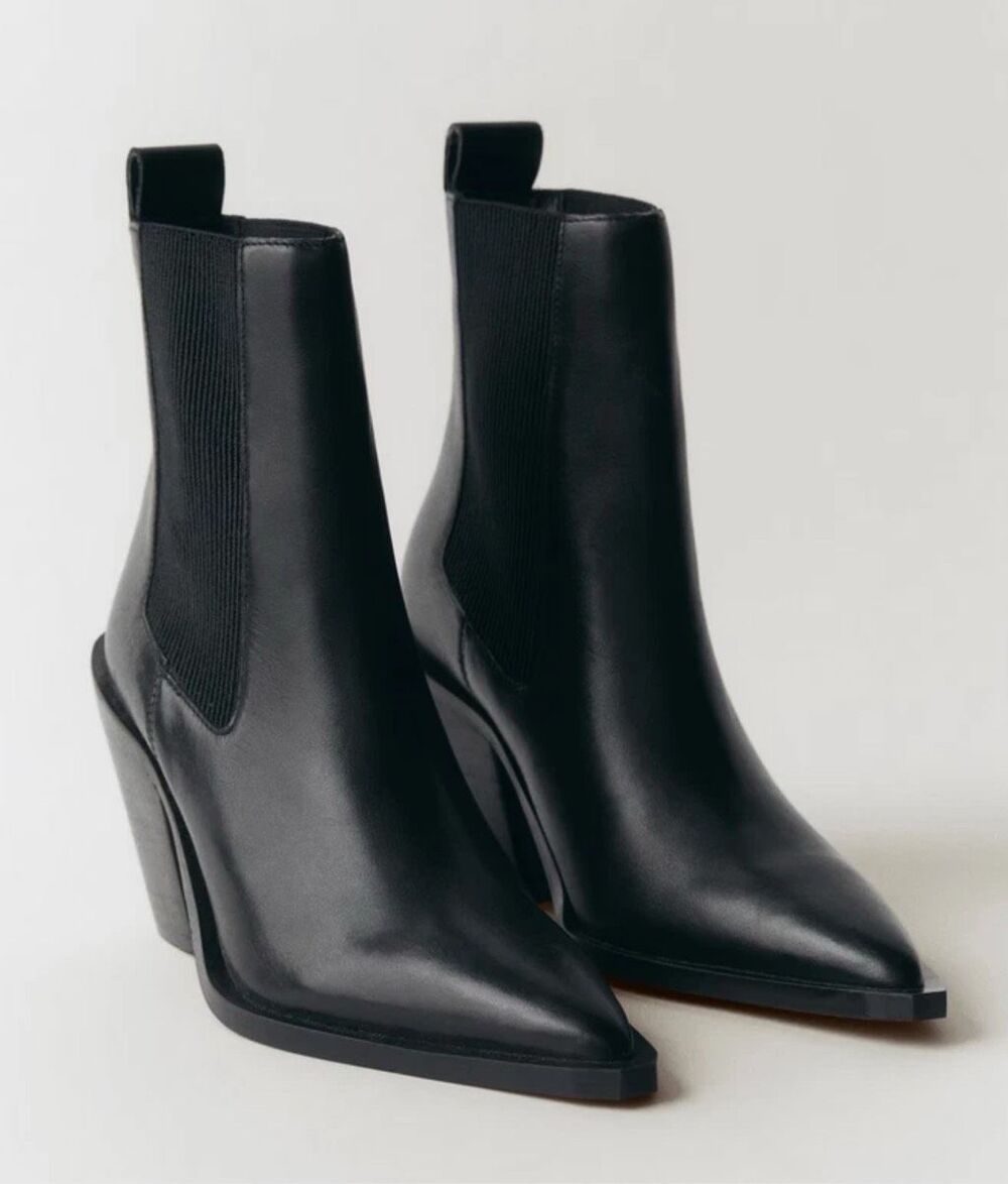 MANGO $150 MNG Leather Pointed Toe Ankle Boots black 37 US6.5-7 NEW